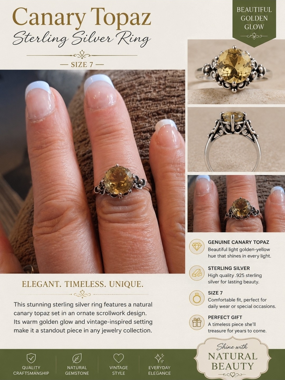 Canary Topaz Sterling Silver Ring — Genuine Golden-Yellow Stone, Size 7
